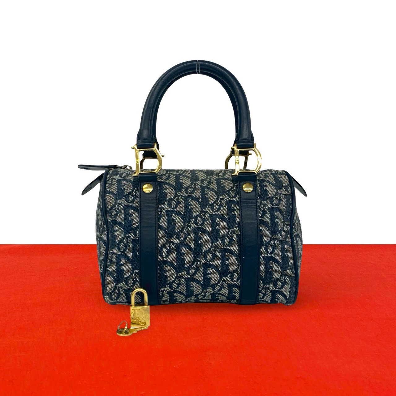 【尖んがり2倍】極 美品 Christian Dior クリスチャンディオール トロッター ロゴタイプ 柄 帆布 なめし革 本革 ハンドバック ミニ ボストンバッグ 米国海軍 紺 56412【貨物輸送無料】【中古】