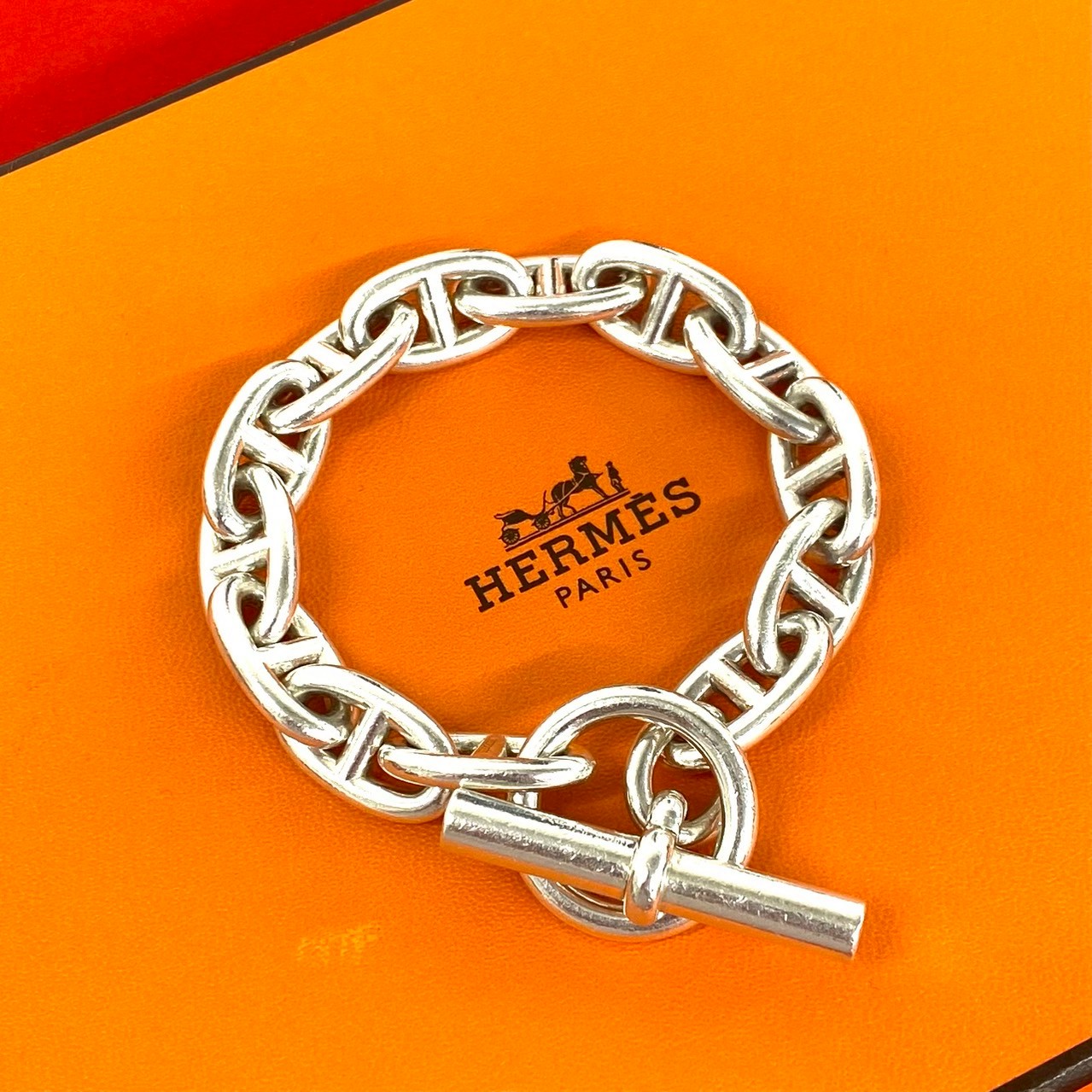 【尖んがり2倍】極 美品 HERMES エルメス シェーヌダンクル GM 13一こま 腕輪 しろがね色925 付属物 メンズ しろがね色 03104 【貨物輸送無料】【中古】