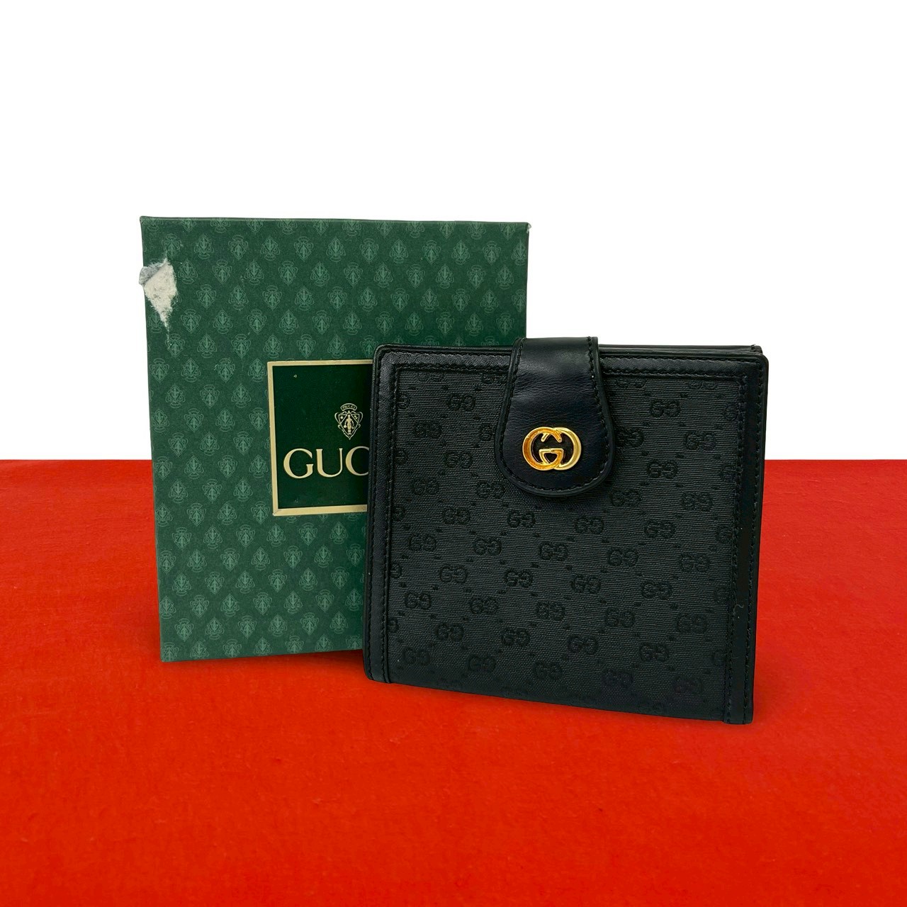 【尖んがり2倍】未当てはめる倉入れ品 箱付 GUCCI グッチ 年寄りのグッチ ヴィンテージ マイクロGG ロゴタイプ 金具 なめし革 二つ折り紙入れ ミニ ウォレット 黒いこと 46105【貨物輸送無料】【中古】