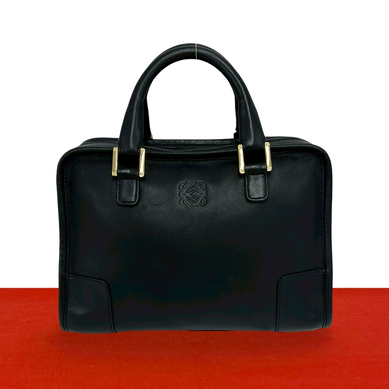 【尖んがり2倍】極 美品 LOEWE ロエベ ヴィンテージ アマソナ 28 アナ瓦 ロゴタイプ なめし革 本革 ハンドバック ミニ ボストンバッグ 黒いこと 30326【貨物輸送無料】【中古】