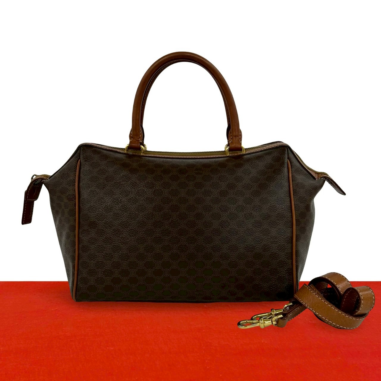 【尖んがり2倍】極 美品 CELINE セリーヌ ヴィンテージ マカダム ブラゾン 柄 なめし革 2way ハンドバック ショルダーバッグ ボストンバッグ 赤銅色 38717【貨物輸送無料】【中古】
