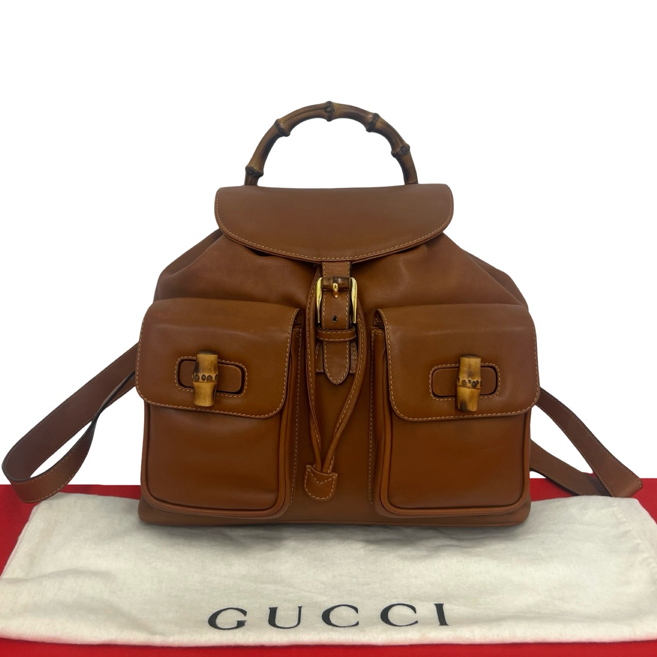 【尖んがり2倍】極 美品 袋付き添い人 GUCCI グッチ 年寄りのグッチ ヴィンテージ バンブー なめし革 本革 背嚢 合切袋 デイパック 赤銅色 茶 34211 【貨物輸送無料】【中古】