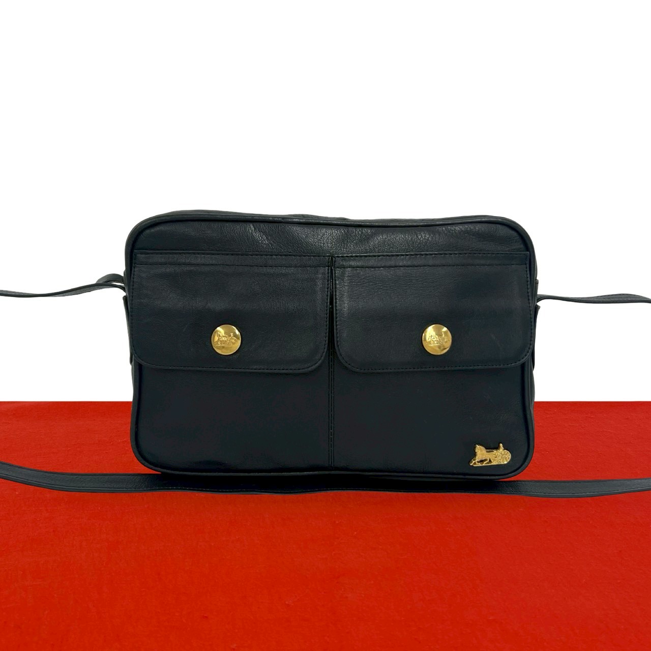 【尖んがり2倍】極 美品 CELINE セリーヌ ヴィンテージ 荷馬車 金具 なめし革 本革 ミニ ショルダーバッグ ポシェット サコッシュ 黒いこと 黒 29730【貨物輸送無料】【中古】