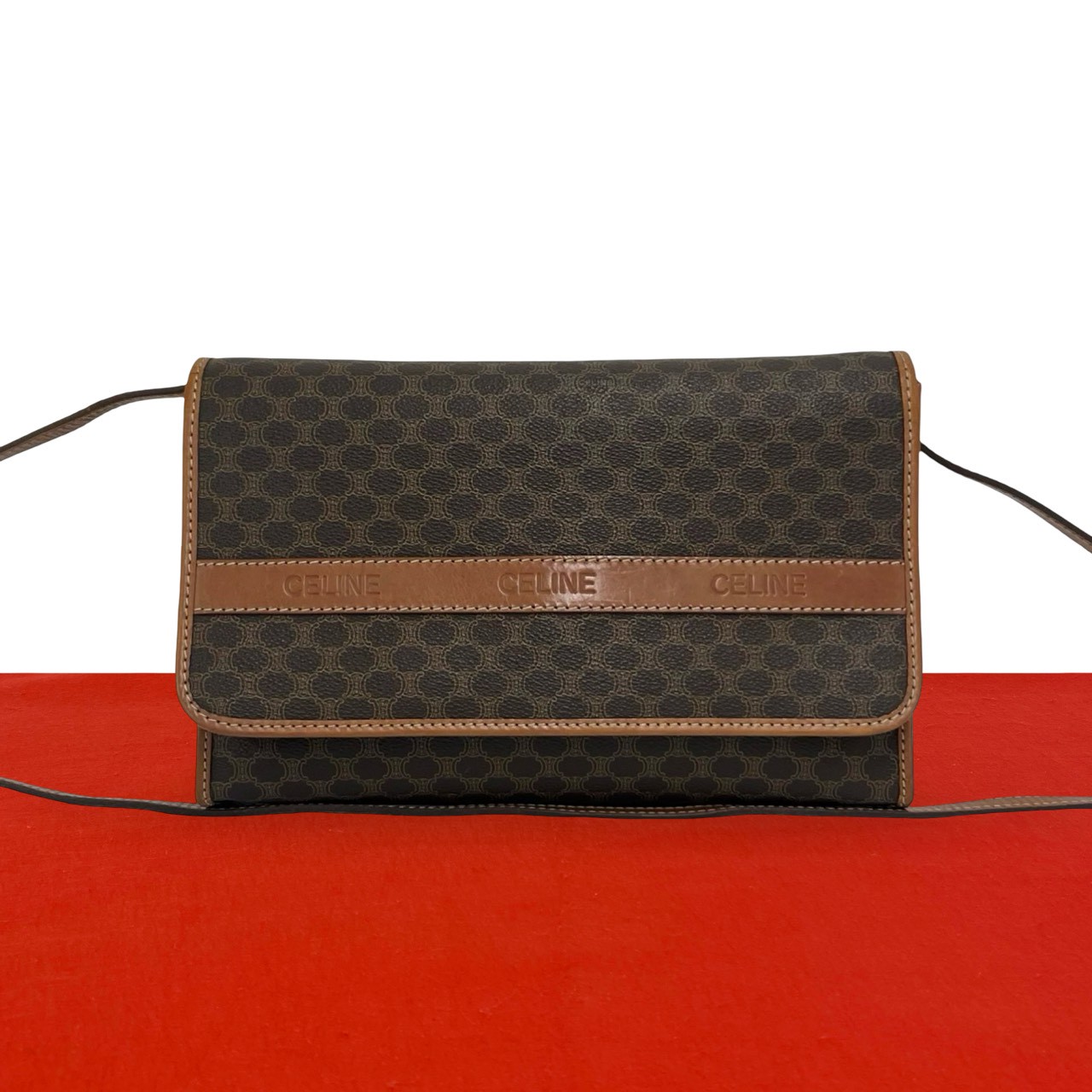 【尖んがり2倍】極 美品 CELINE セリーヌ ヴィンテージ マカダム ブラゾン トリオンフ 柄 なめし革 本革 ショルダーバッグ ポシェット 赤銅色 64337 【貨物輸送無料】【中古】