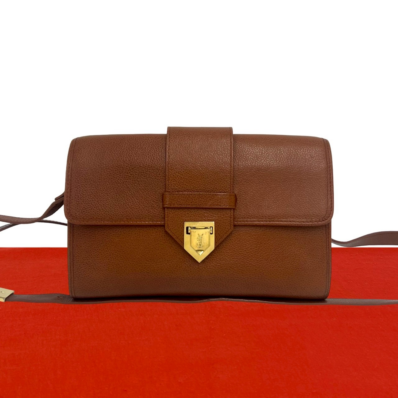 【尖んがり2倍】極 美品 YVES SAINT LAURENT イヴ・サンローラン ヴィンテージ YSL ロゴタイプ 金具 なめし革 本革 ショルダーバッグ ポシェット 赤銅色 36066【貨物輸送無料】【中古】