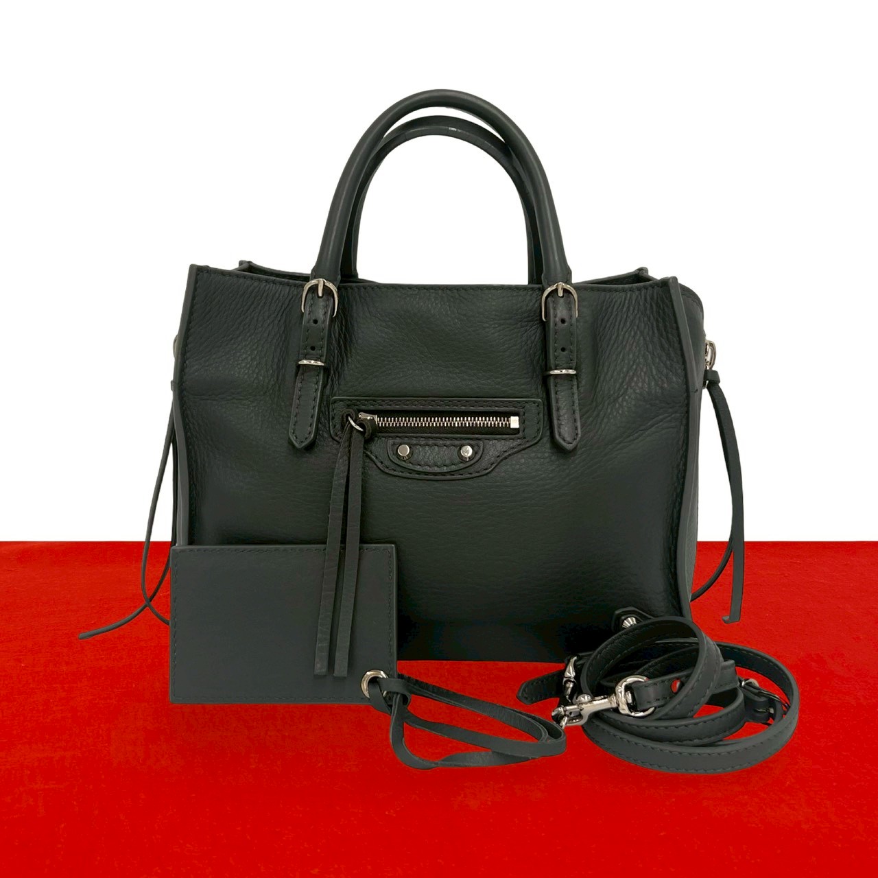 【尖んがり2倍】極 美品 BALENCIAGA バレンシアガ 調査報告ミニ なめし革 本革 2way ハンドバック ショルダーバッグ ミニ トートバッグ 薄墨色 29098【貨物輸送無料】【中古】