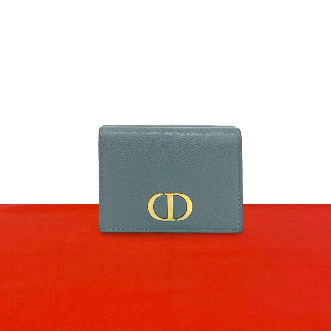 【尖んがり2倍】極 美品 箱 袋付き添い人 Christian Dior ディオール 30 モンテーニュ CD ロゴタイプ 金具 なめし革 本革 三つ折り紙入れ 青味 24308 【貨物輸送無料】【中古】