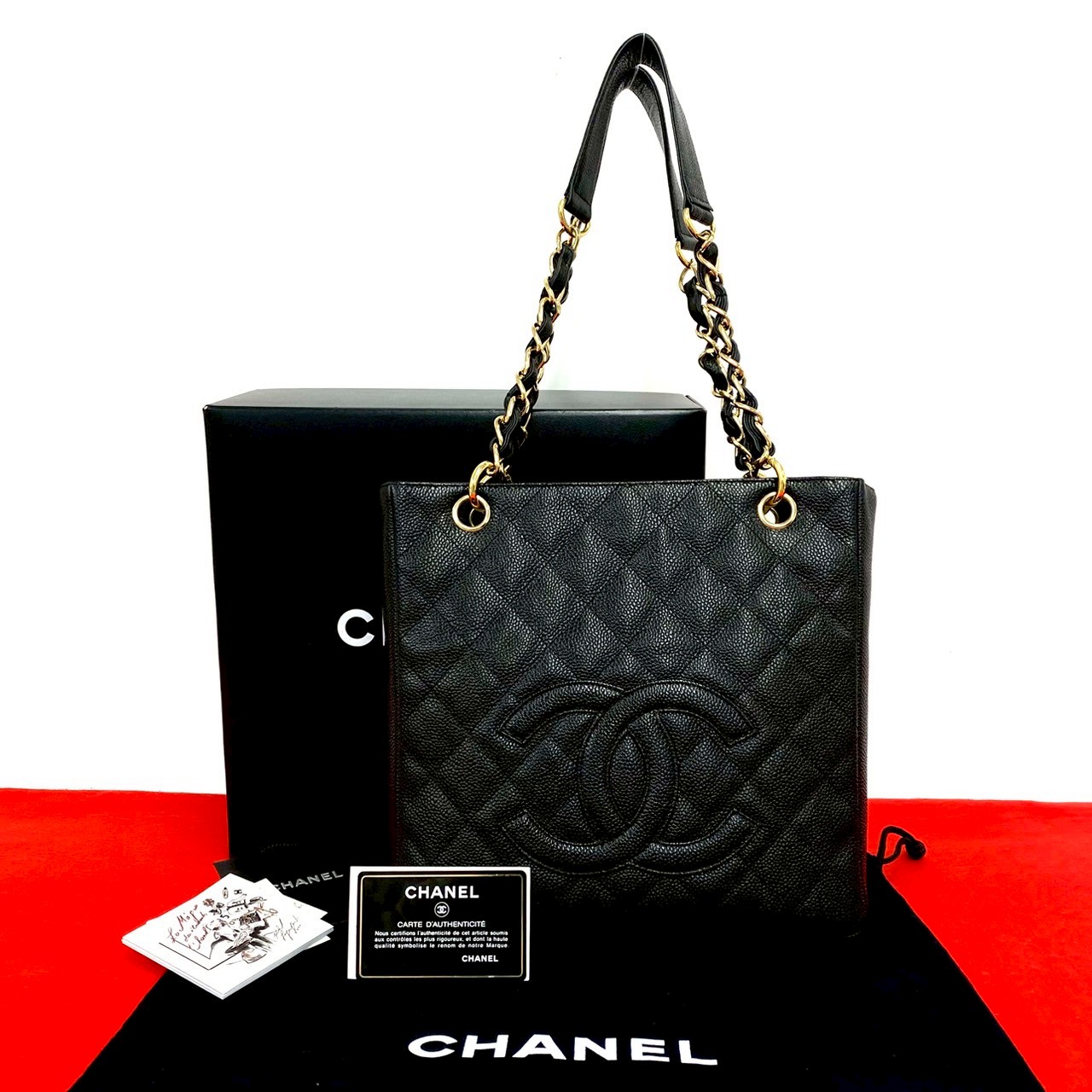 【ポイント2倍】極 美品 箱 袋付き カード シール有 8番台 CHANEL シャネル PST ココマーク キャビアスキン チェーン トートバッグ ブラック 46144 【送料無料】【中古】｜Trip Vintage