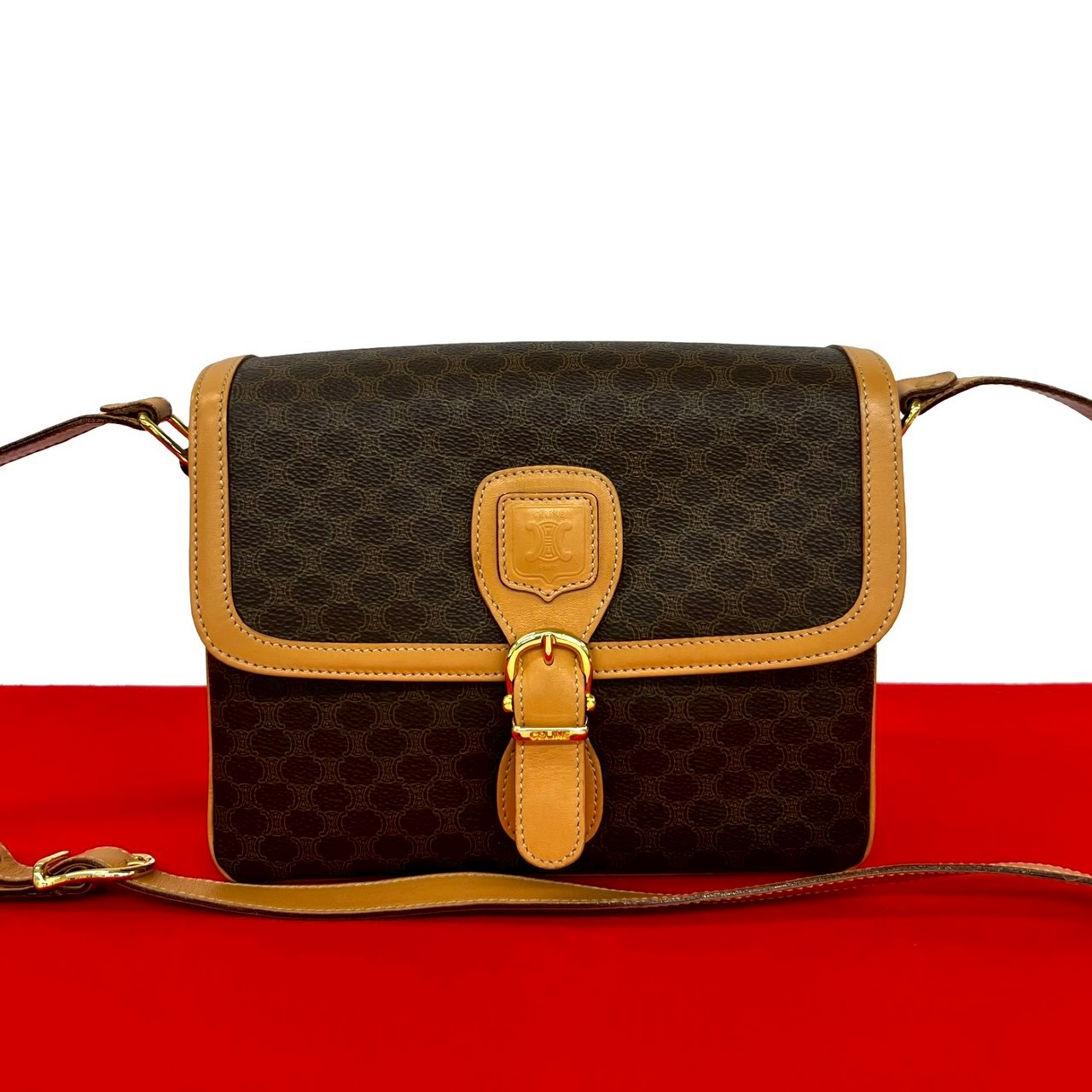 【ポイント2倍】極 美品 CELINE セリーヌ ヴィンテージ マカダム ブラゾン トリオンフ 柄 レザー ショルダーバッグ ポシェット サコッシュ ブラウン 68679【送料無料】【中古】｜Trip Vintage