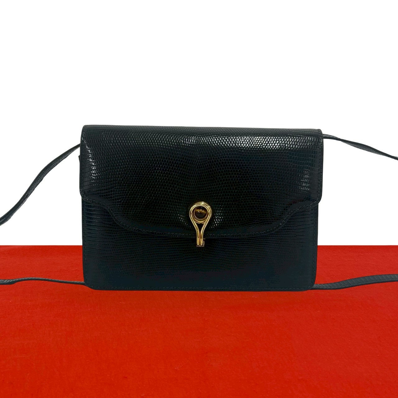 【ポイント2倍】極 美品 GUCCI グッチ オールドグッチ ヴィンテージ タイガーアイ リザード レザー ショルダーバッグ ポシェット ネイビー 24676【送料無料】【中古】｜Trip Vintage