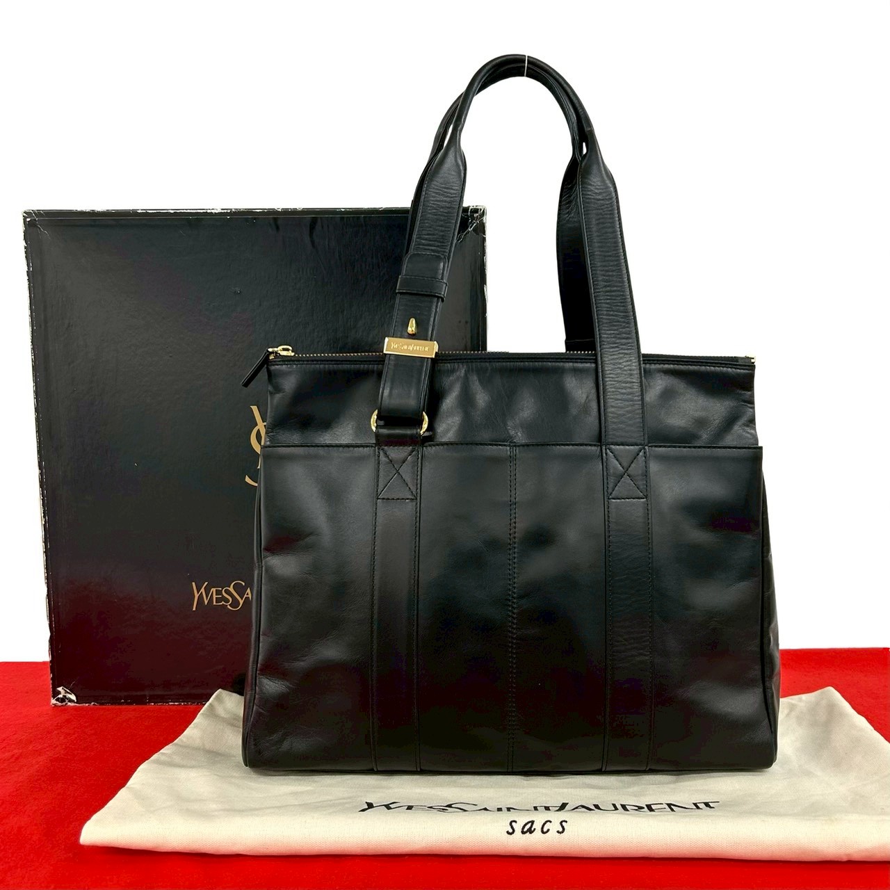 【ポイント2倍】極 美品 箱 袋付 YVES SAINT LAURENT イヴ・サンローラン ロゴ 刻印 金具 レザー トートバッグ セミ ショルダー バッグ ブラック 09394【送料無料】【中古】|Trip Vintage
