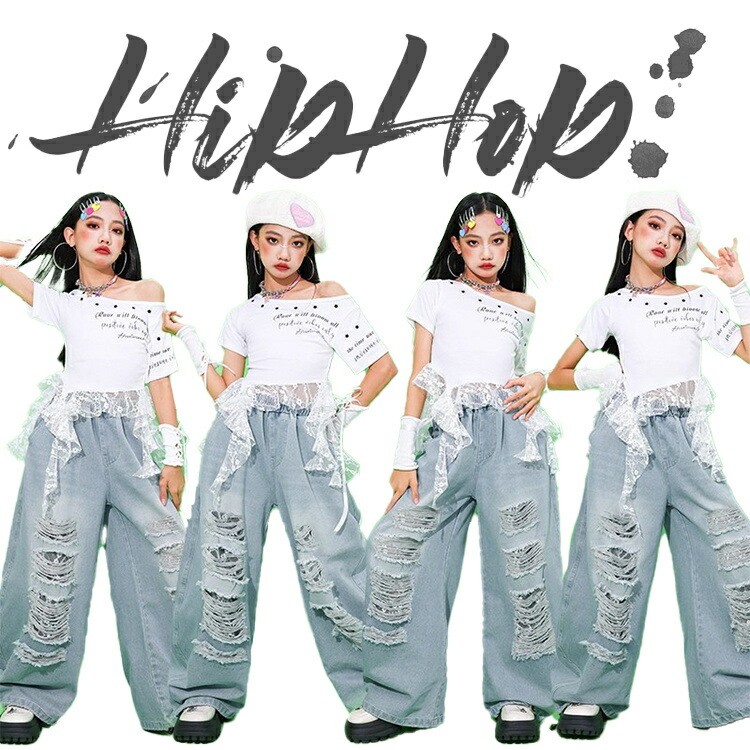 キッズ ダメージ デニム ダンス衣装 女の子 シャツ レース ダンスウェア 肩出し ホワイト へそ出し デニムパンツ パンツ ガールズ 長ズボン 発表会 普段着 カッコイイ ジュニア 応援団