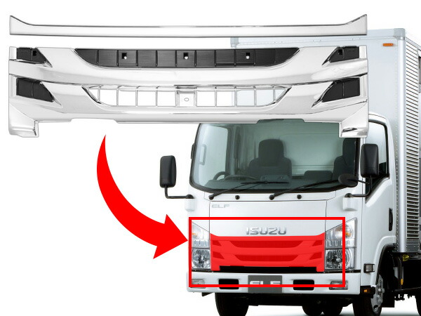 いすゞ07エルフ後期型ハイキャブ用メッキフロントグリルラインプレートセット