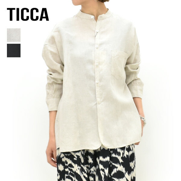 ＼最大2000円OFFクーポン!お買物マラソン!4/17(金)09:59まで／【2026SUMMER】TICCA ティッカ リネンノーカラーシャツ TBFS-401【ベージュ/ブラック】【送料無料】【予約】