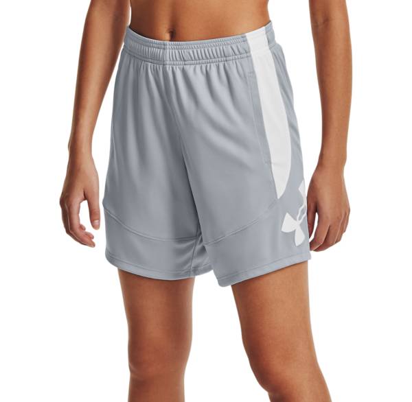 アンダーアーマー レディース バスケットボール ショートパンツ Under Armour Women's Colorblock 6'' Basketball Shorts - Mod Gray/White|trois HOMME