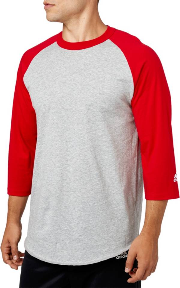 アディダス メンズ 野球 シャツ adidas Men's Triple Stripe 3/4 Sleeve Heather Baseball Shirt - Red Tango