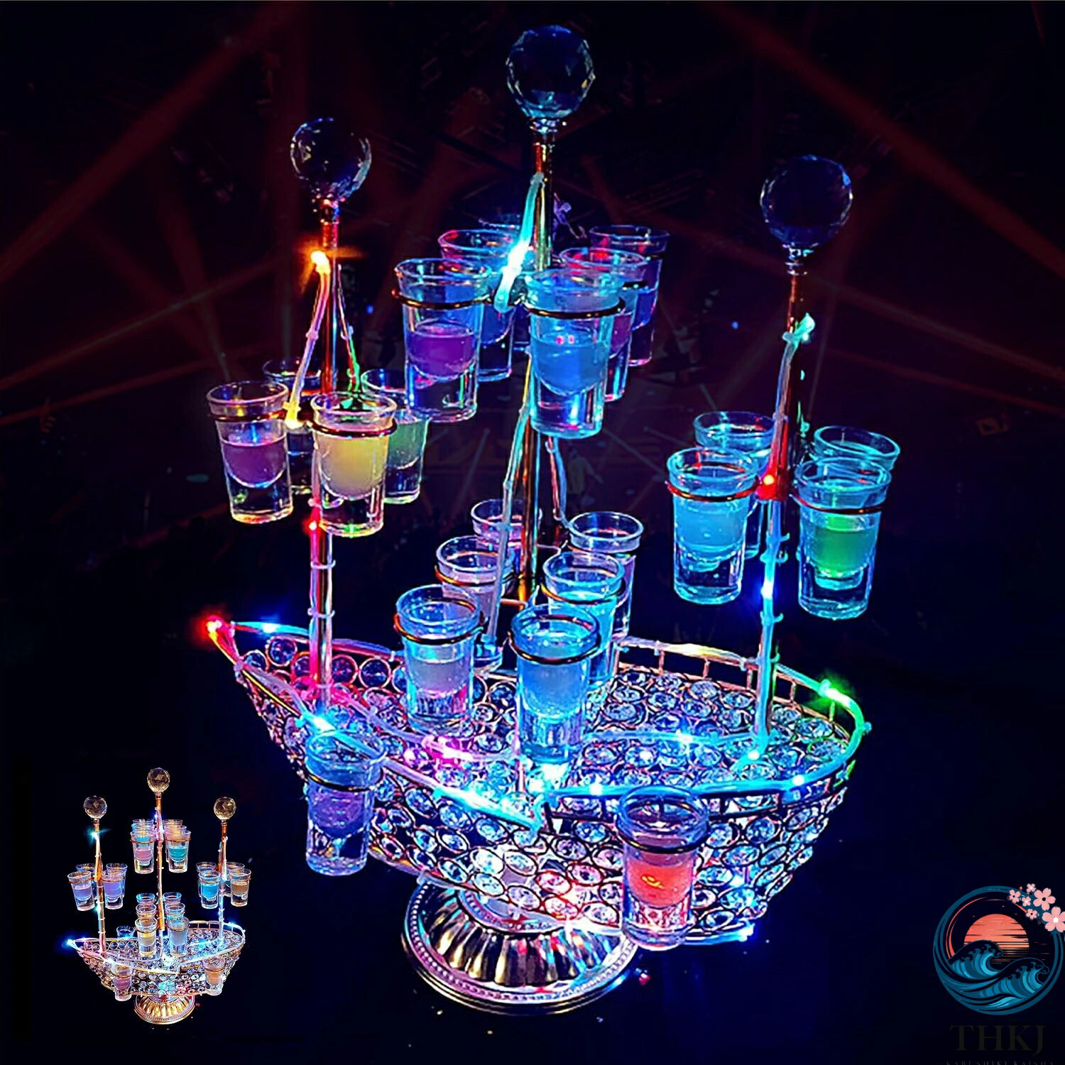 ワイングラス テキーラ観覧車 船 ワイングラスホルダー LED酒ボトルの表示棚 ワインラック カクテルグラスホルダー アイスワインスタンド 酒グラス 収納ラック カラフルなLEDライトスタンド 安定したベー