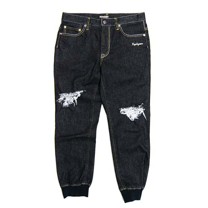 Mサイズ【30%OFF】ZEPHYREN(ゼファレン) 8/L JOGGER PANTS (BLACK DENIM) 8分丈 ジョガーパンツ ダメージ