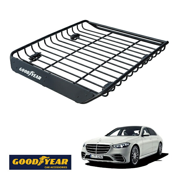 【GOODYEAR正規品】 スチール ルーフラック MEGA PRO 1341mm&times;124mm&times;1105mm 耐荷重100kg ブラック 組み立て式 GOODYEARロゴ入り ルーフキャリア バスケット ベースキャリア装着車両 カーゴネット メルセデスベンツ Sクラス W223｜トラックチューナーズ店