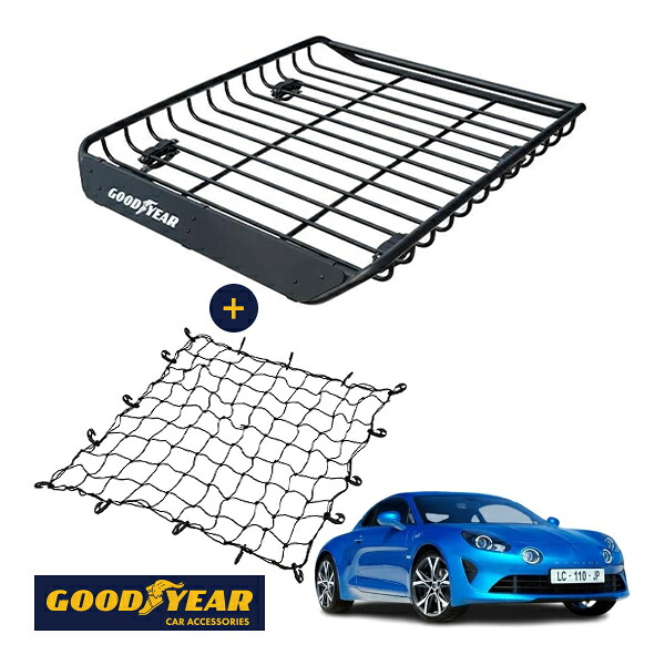 P10倍 エントリー 【GOODYEAR正規品】 スチール ルーフラック MEGA PRO ＋ ルーフネット セット 1341mm×124mm×1105mm 耐荷重100kg ブラック 組み立て式 GOODYEARロゴ入り ルーフキャリア バスケット ベースキャリア装着車両 アルピーヌ A110 DFM5P 21,158円