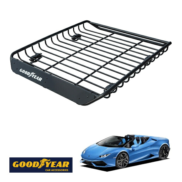 【GOODYEAR正規品】 スチール ルーフラック MEGA PRO 1341mm&times;124mm&times;1105mm 耐荷重100kg ブラック 組み立て式 GOODYEARロゴ入り ルーフキャリア バスケット ベースキャリア装着車両 カーゴネット ランボルギーニ ウラカン ZF｜トラックチューナーズ店