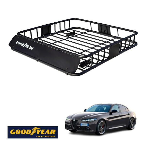 【GOODYEAR正規品】 スチール ルーフラック ROAD PRO 1111mm×158mm×993mm 耐荷重100kg ブラック 組み立て式 GOODYEARロゴ入り ルーフキャリア バスケット ベースキャリア カーゴネット アルファロメオ ジュリア 952|トラックチューナーズ店