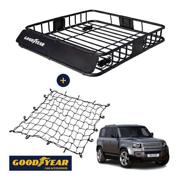 【GOODYEAR正規品】 スチール ルーフラック ROAD PRO ＋ ルーフネット セット 1111mm&times;158mm&times;993mm 耐荷重100kg ブラック 組み立て式 GOODYEARロゴ入り ルーフキャリア バスケット ベースキャリア装着車両 ランドローバー ディフェンダー LE｜トラックチューナーズ店 18,600円