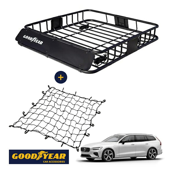 【GOODYEAR正規品】 スチール ルーフラック ROAD PRO ＋ ルーフネット セット 1111mm&times;158mm&times;993mm 耐荷重100kg ブラック 組み立て式 GOODYEARロゴ入り ルーフキャリア バスケット ベースキャリア装着車両 ボルボ V60 ZB｜トラックチューナーズ店