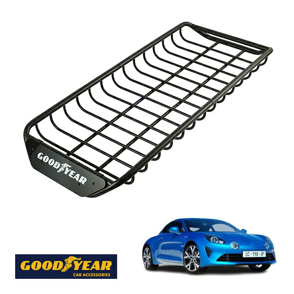 【GOODYEAR正規品】 スチール ルーフラック SKINNY PRO 1470mm×590mm×124mm 耐荷重75kg ブラック 組み立て式 GOODYEARロゴ入り ルーフキャリア バスケット ベースキャリア カーゴネット アルピーヌ A110 DFM5P|トラックチューナーズ店