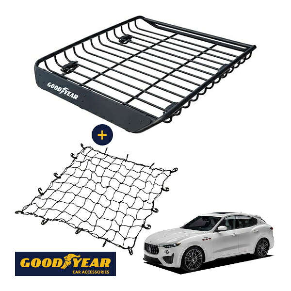 P10倍 エントリー 【GOODYEAR正規品】 スチール ルーフラック MEGA PRO ＋ ルーフネット セット 1341mm×124mm×1105mm 耐荷重100kg ブラック 組み立て式 GOODYEARロゴ入り ルーフキャリア バスケット ベースキャリア装着車両 マセラティ レヴァンテ MLE