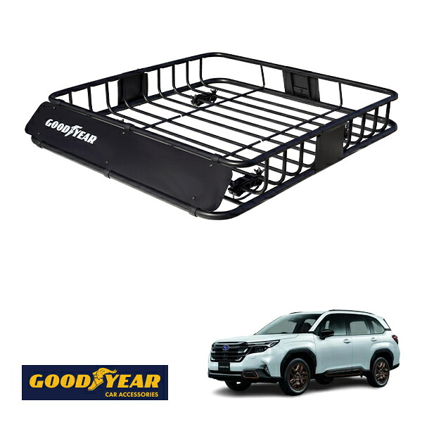【GOODYEAR正規品】 スチール ルーフラック ROAD PRO 1111mm&times;158mm&times;993mm 耐荷重100kg ブラック 組み立て式 GOODYEARロゴ入り ルーフキャリア バスケット ベースキャリア カーゴネット スバル フォレスター SK系 SL系｜トラックチューナーズ店 18,352円