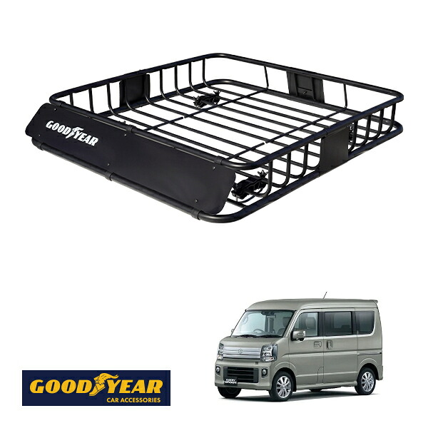【GOODYEAR正規品】 スチール ルーフラック ROAD PRO 1111mm×158mm×993mm 耐荷重100kg ブラック 組み立て式 GOODYEARロゴ入り ルーフキャリア バスケット ベースキャリア カーゴネット スズキ エブリイワゴン DA17型|トラックチューナーズ店