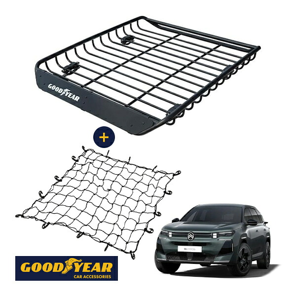 P10倍 エントリー 【GOODYEAR正規品】 スチール ルーフラック MEGA PRO ＋ ルーフネット セット 1341mm×124mm×1105mm 耐荷重100kg ブラック 組み立て式 GOODYEARロゴ入り ルーフキャリア バスケット ベースキャリア装着車両 シトロエン C5 エアクロス C8