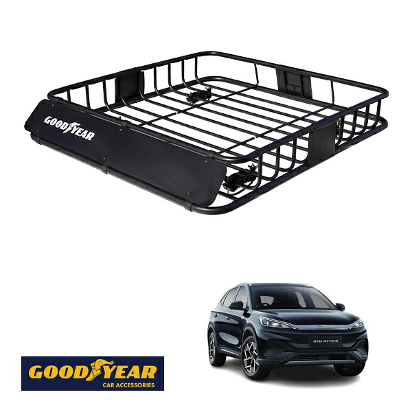 【GOODYEAR正規品】 スチール ルーフラック ROAD PRO 1111mm×158mm×993mm 耐荷重100kg ブラック 組み立て式 GOODYEARロゴ入り ルーフキャリア バスケット ベースキャリア カーゴネット BYD ATTO3 アット3 SC|トラックチューナーズ店