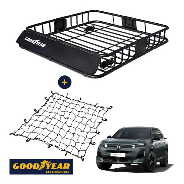 【GOODYEAR正規品】 スチール ルーフラック ROAD PRO + ルーフネット セット 1111mm×158mm×993mm 耐荷重100kg ブラック 組み立て式 GOODYEARロゴ入り ルーフキャリア バスケット ベースキャリア装着車両 シトロエン C5 エアクロス C8 CR3|トラックチューナーズ店