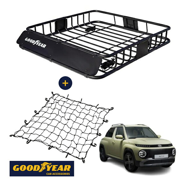 【GOODYEAR正規品】 スチール ルーフラック ROAD PRO ＋ ルーフネット セット 1111mm&times;158mm&times;993mm 耐荷重100kg ブラック 組み立て式 GOODYEARロゴ入り ルーフキャリア バスケット ベースキャリア装着車両 ヒョンデ インスター B1｜トラックチューナーズ店