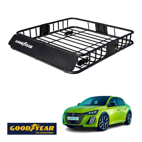 【GOODYEAR正規品】 スチール ルーフラック ROAD PRO 1111mm×158mm×993mm 耐荷重100kg ブラック 組み立て式 GOODYEARロゴ入り ルーフキャリア バスケット ベースキャリア カーゴネット プジョー 208 P21|トラックチューナーズ店