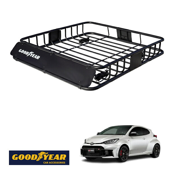 【GOODYEAR正規品】 スチール ルーフラック ROAD PRO 1111mm&times;158mm&times;993mm 耐荷重100kg ブラック 組み立て式 GOODYEARロゴ入り ルーフキャリア バスケット ベースキャリア カーゴネット トヨタ GRヤリス GXPA16｜トラックチューナーズ店