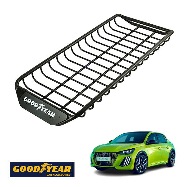 【GOODYEAR正規品】 スチール ルーフラック SKINNY PRO 1470mm&times;590mm&times;124mm 耐荷重75kg ブラック 組み立て式 GOODYEARロゴ入り ルーフキャリア バスケット ベースキャリア カーゴネット プジョー 208 P21｜トラックチューナーズ店