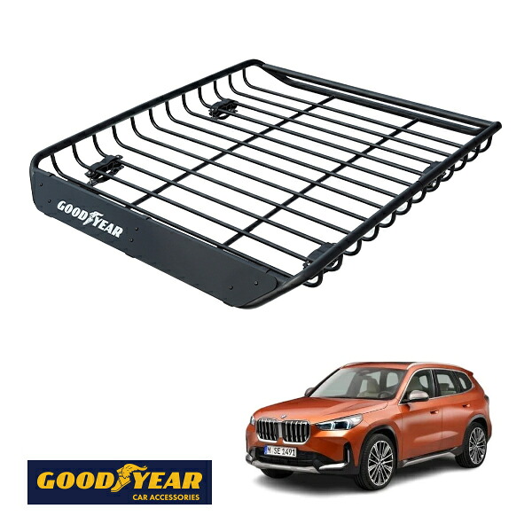 【GOODYEAR正規品】 スチール ルーフラック MEGA PRO 1341mm&times;124mm&times;1105mm 耐荷重100kg ブラック 組み立て式 GOODYEARロゴ入り ルーフキャリア バスケット ベースキャリア装着車両 カーゴネット BMW X1 U11｜トラックチューナーズ店
