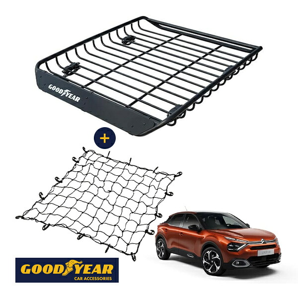 P10倍 エントリー 【GOODYEAR正規品】 スチール ルーフラック MEGA PRO ＋ ルーフネット セット 1341mm×124mm×1105mm 耐荷重100kg ブラック 組み立て式 GOODYEARロゴ入り ルーフキャリア バスケット ベースキャリア装着車両 シトロエン C4 C41