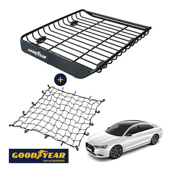 【GOODYEAR正規品】 スチール ルーフラック MEGA PRO ＋ ルーフネット セット 1341mm&times;124mm&times;1105mm 耐荷重100kg ブラック 組み立て式 GOODYEARロゴ入り ルーフキャリア バスケット ベースキャリア装着車両 DSオートモビル DS9 X835｜トラックチューナーズ店