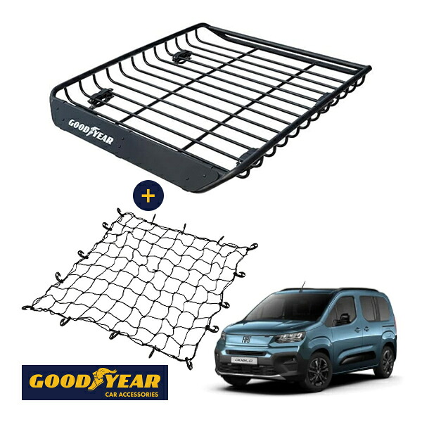 【GOODYEAR正規品】 スチール ルーフラック MEGA PRO ＋ ルーフネット セット 1341mm&times;124mm&times;1105mm 耐荷重100kg ブラック 組み立て式 GOODYEARロゴ入り ルーフキャリア バスケット ベースキャリア装着車両 フィアット ドブロ K9F｜トラックチューナーズ店