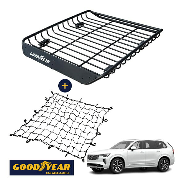 【GOODYEAR正規品】 スチール ルーフラック MEGA PRO ＋ ルーフネット セット 1341mm&times;124mm&times;1105mm 耐荷重100kg ブラック 組み立て式 GOODYEARロゴ入り ルーフキャリア バスケット ベースキャリア装着車両 ボルボ XC90 LB LD｜トラックチューナーズ店