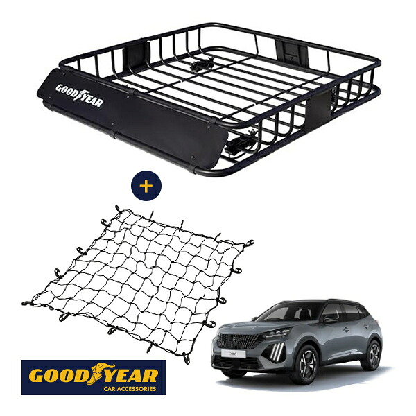 【GOODYEAR正規品】 スチール ルーフラック ROAD PRO + ルーフネット セット 1111mm×158mm×993mm 耐荷重100kg ブラック 組み立て式 GOODYEARロゴ入り ルーフキャリア バスケット ベースキャリア装着車両 プジョー 2008 P2|トラックチューナーズ店