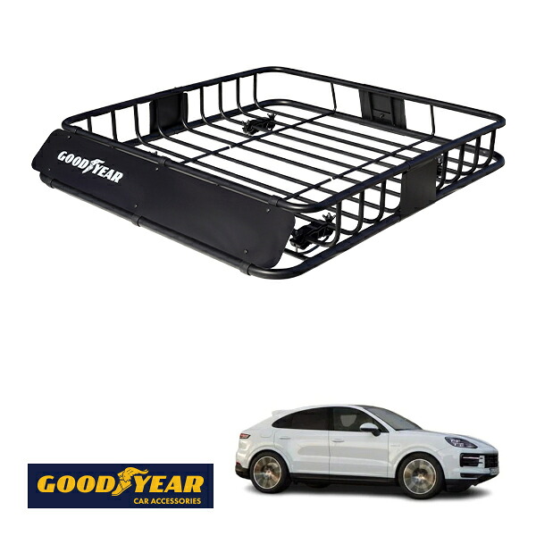 【GOODYEAR正規品】 スチール ルーフラック ROAD PRO 1111mm&times;158mm&times;993mm 耐荷重100kg ブラック 組み立て式 GOODYEARロゴ入り ルーフキャリア バスケット ベースキャリア カーゴネット ポルシェ カイエンクーペ E3｜トラックチューナーズ店