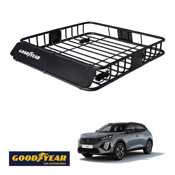 【GOODYEAR正規品】 スチール ルーフラック ROAD PRO 1111mm×158mm×993mm 耐荷重100kg ブラック 組み立て式 GOODYEARロゴ入り ルーフキャリア バスケット ベースキャリア カーゴネット プジョー 2008 P2|トラックチューナーズ店