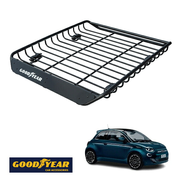 【GOODYEAR正規品】 スチール ルーフラック MEGA PRO 1341mm&times;124mm&times;1105mm 耐荷重100kg ブラック 組み立て式 GOODYEARロゴ入り ルーフキャリア バスケット ベースキャリア装着車両 カーゴネット フィアット 500e チンクエチェントe FA｜トラックチューナーズ店