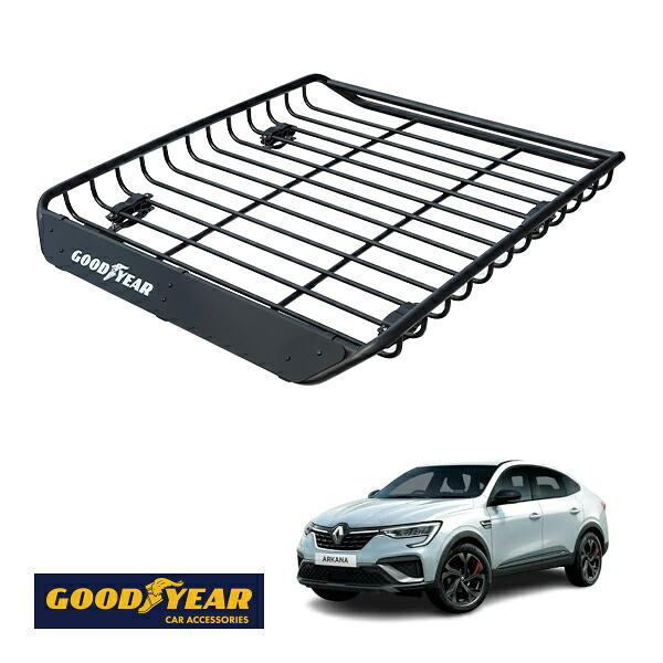 【GOODYEAR正規品】 スチール ルーフラック MEGA PRO 1341mm&times;124mm&times;1105mm 耐荷重100kg ブラック 組み立て式 GOODYEARロゴ入り ルーフキャリア バスケット ベースキャリア装着車両 カーゴネット ルノー アルカナ LJ｜トラックチューナーズ店