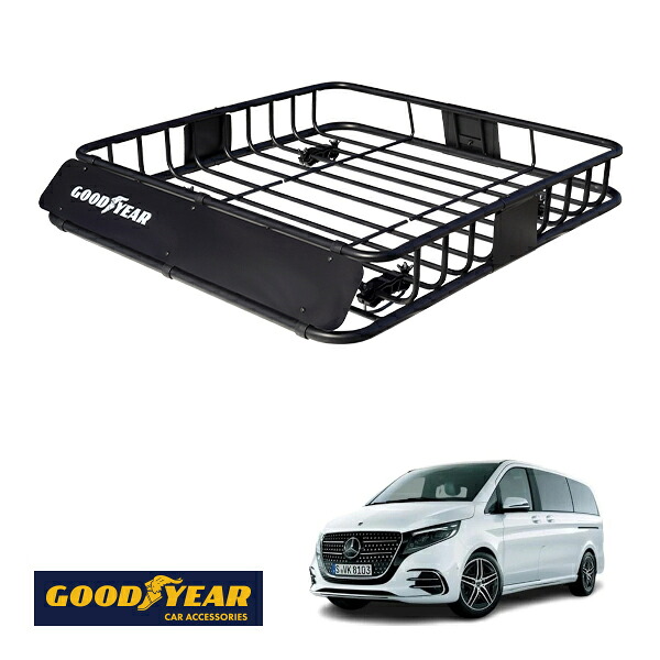 【GOODYEAR正規品】 スチール ルーフラック ROAD PRO 1111mm&times;158mm&times;993mm 耐荷重100kg ブラック 組み立て式 GOODYEARロゴ入り ルーフキャリア バスケット ベースキャリア カーゴネット メルセデスベンツ Vクラス W447｜トラックチューナーズ店 18,352円